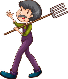 扛着农具的欢乐小男孩