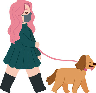 女孩牵狗散步