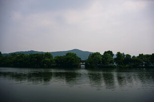 宁静湖水旁的葱郁山林