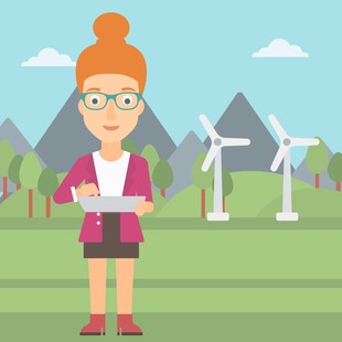 女工程师在风车田野前