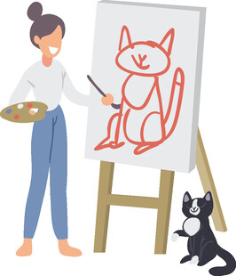 女士专注画猫的绘画场景