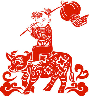 童子骑牛庆佳节剪纸图