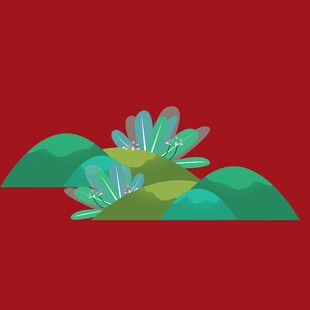 红色背景下的山峦植物图