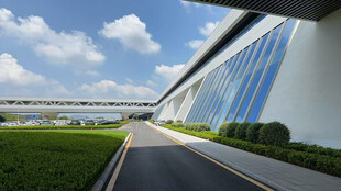 现代建筑旁的道路与绿地