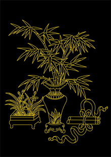 金色中式盆栽图案装饰画 竹