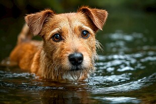 水中的棕色梗犬