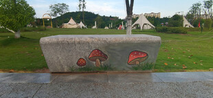 公园中彩色绘画装饰石凳