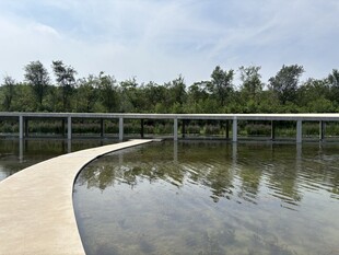 水边弧形步道与现代建筑