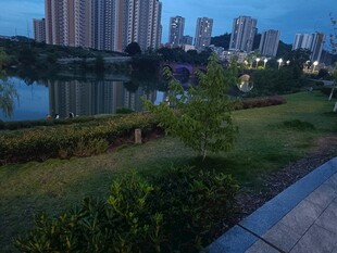 城市湖畔黄昏美景