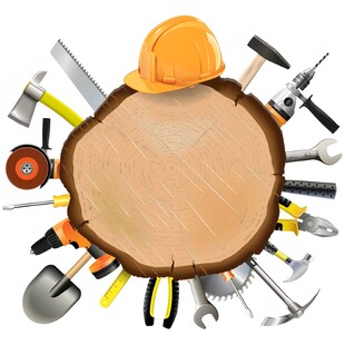 圆木上的多样建筑施工工具