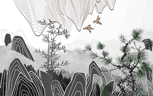 水墨山水间飞鸟松树图景
