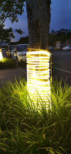 夜幕下草地中的发光灯柱