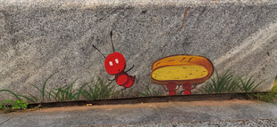 石头上彩绘的蚂蚁与蘑菇