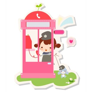 女孩在粉色电话亭打电话