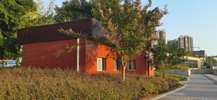 橙红建筑旁的绿意道路