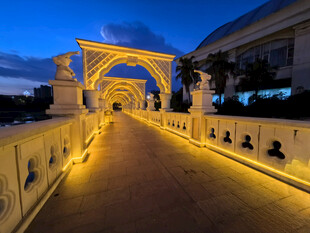 夜幕下的璀璨拱形桥通道