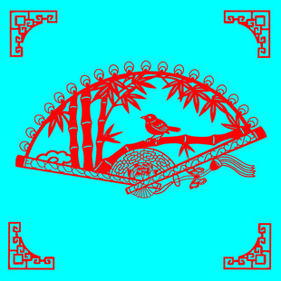红色剪纸风竹鸟图案