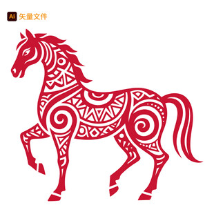 红色剪纸风奔腾骏马图案