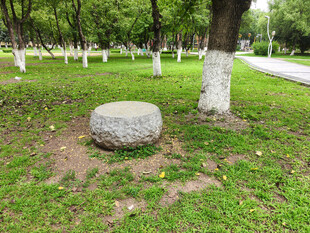 公园草地中的圆形石墩