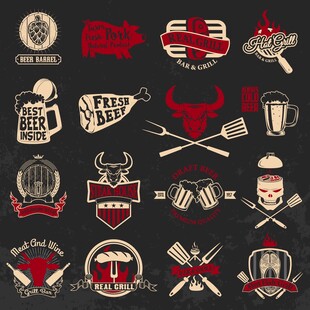复古烧烤啤酒主题标志集合