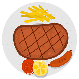 美味牛排配薯条等餐食