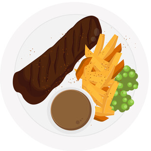 牛排配薯条与豌豆