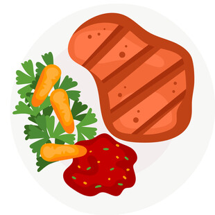 美味牛排配蔬菜与酱料