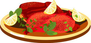 柠檬装饰的盘中新鲜肉类