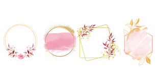 粉色水彩金色边框花环png