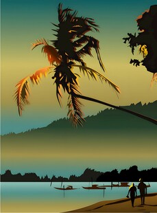 夕阳下的海滨椰树美景
