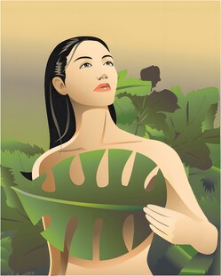 绿叶遮身的优雅女性