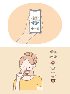 女孩用手机选择美妆样式