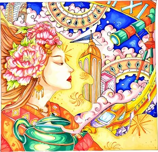 古风女子与奇幻元素插画装修饰画