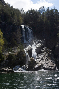 山间瀑布下的碧水美景