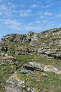 嶙峋山石与蓝天绿草景观