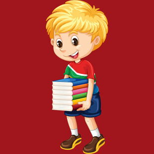 背着书包抱书的小男孩