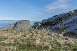 海边草地旁的巨大岩石