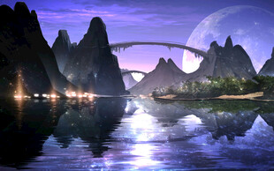 梦幻山水夜景中的跨江桥梁