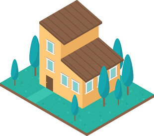 两层小屋周边绿树环绕