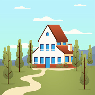 乡村蓝白小屋风景图