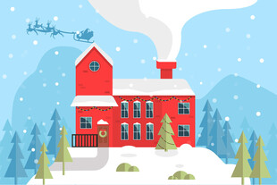 冬日雪中的红色温馨小屋