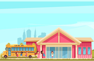 学校门前的黄色校车与建筑