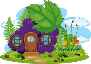 童话风紫色小屋绿植环绕