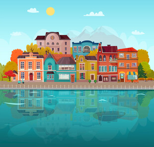 河畔多彩建筑风景图