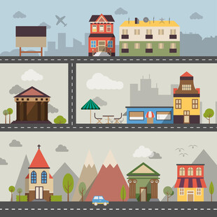卡通风格城市建筑风景图