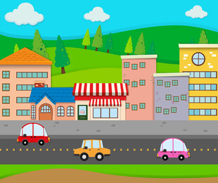 卡通风格的多彩城镇街景