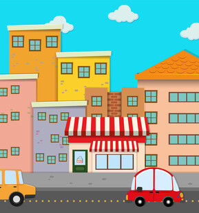 城市街道上的多彩建筑与车辆