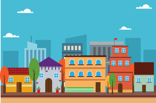 多彩城市街景建筑画面