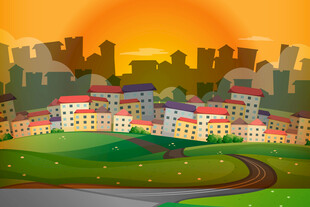 夕阳下的多彩城市景观