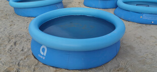 蓝色充气泳池整齐摆放